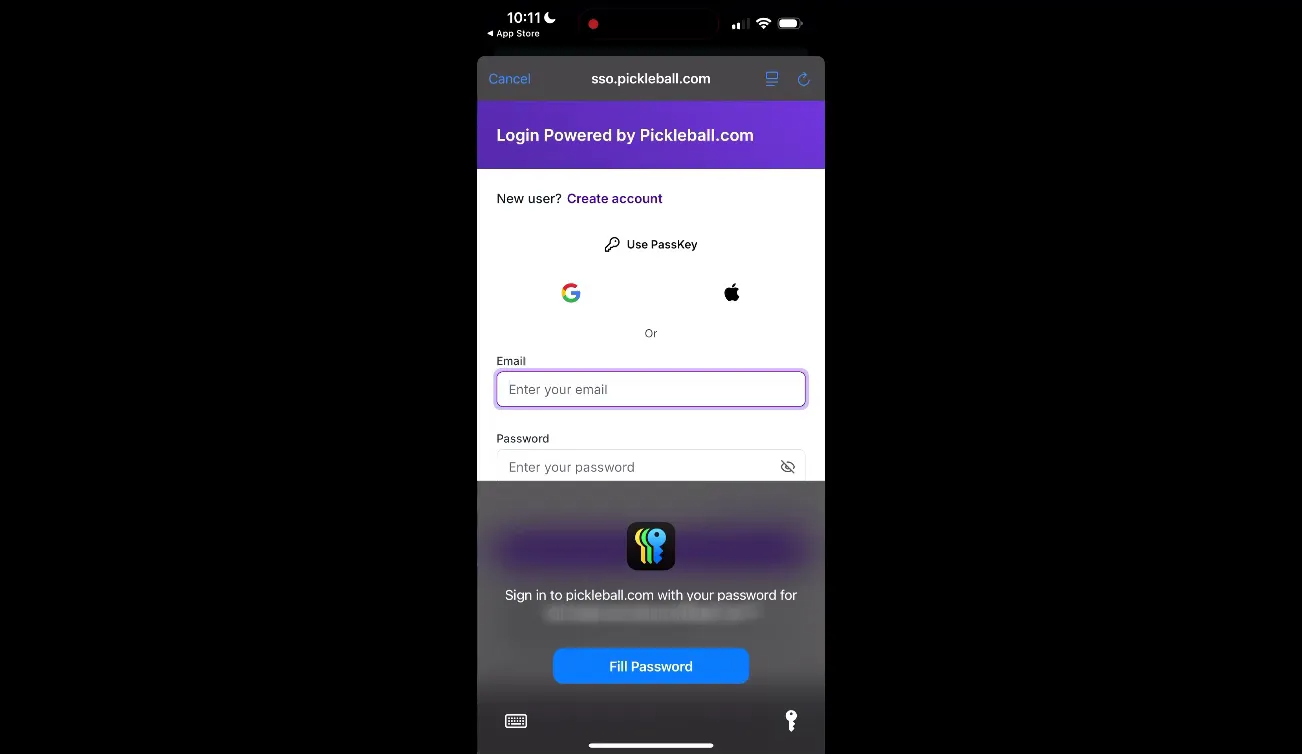 Login screen where referees use their pickleball.com credentials