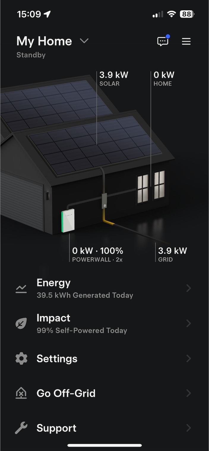 The Tesla app’s home screen.