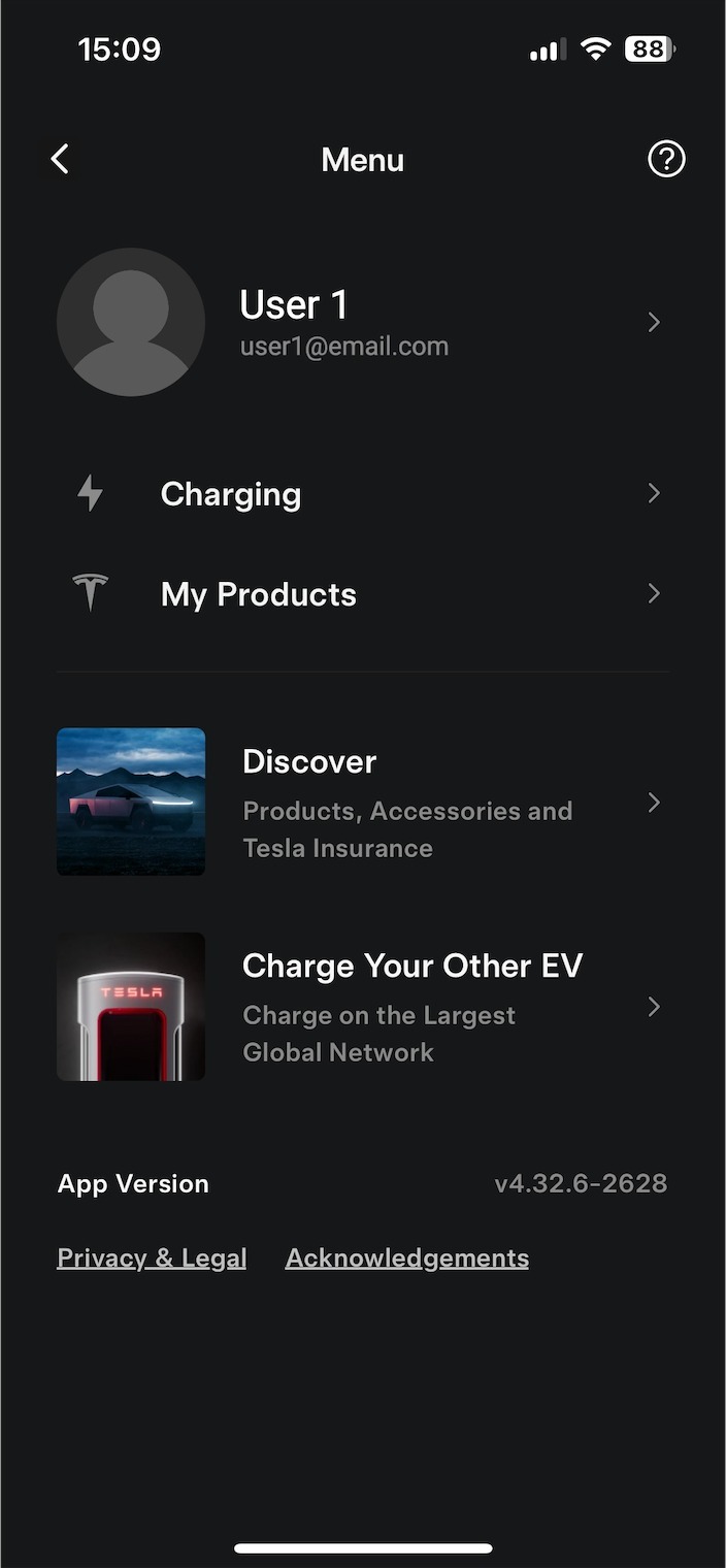 The Menu screen of the Tesla app. The account holder’s name and email are at the top of the screen next to a user image.