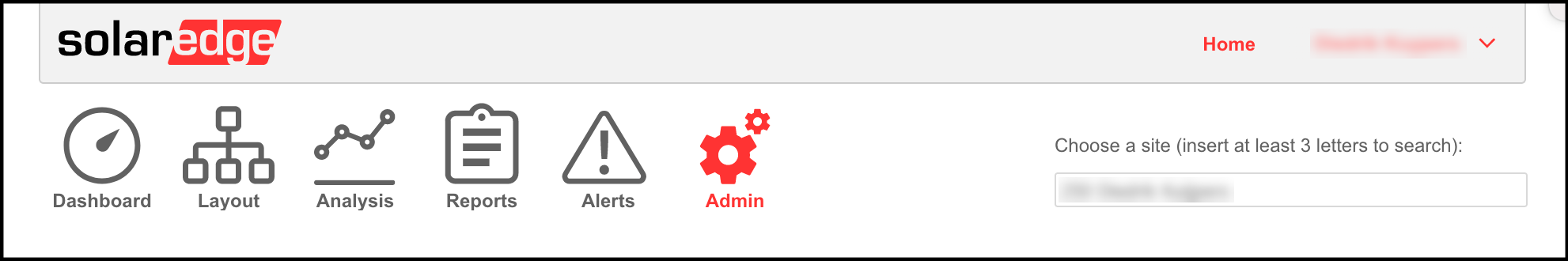 The SolarEdge platform tab options. Included are: Dashboard, Layout, Analysis, Reports, Alerts and Admin.