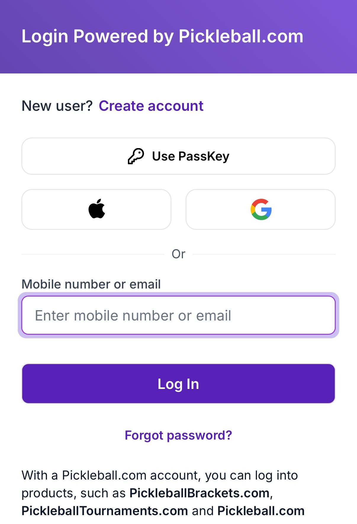 Mobile prompt for Pickleball.com login