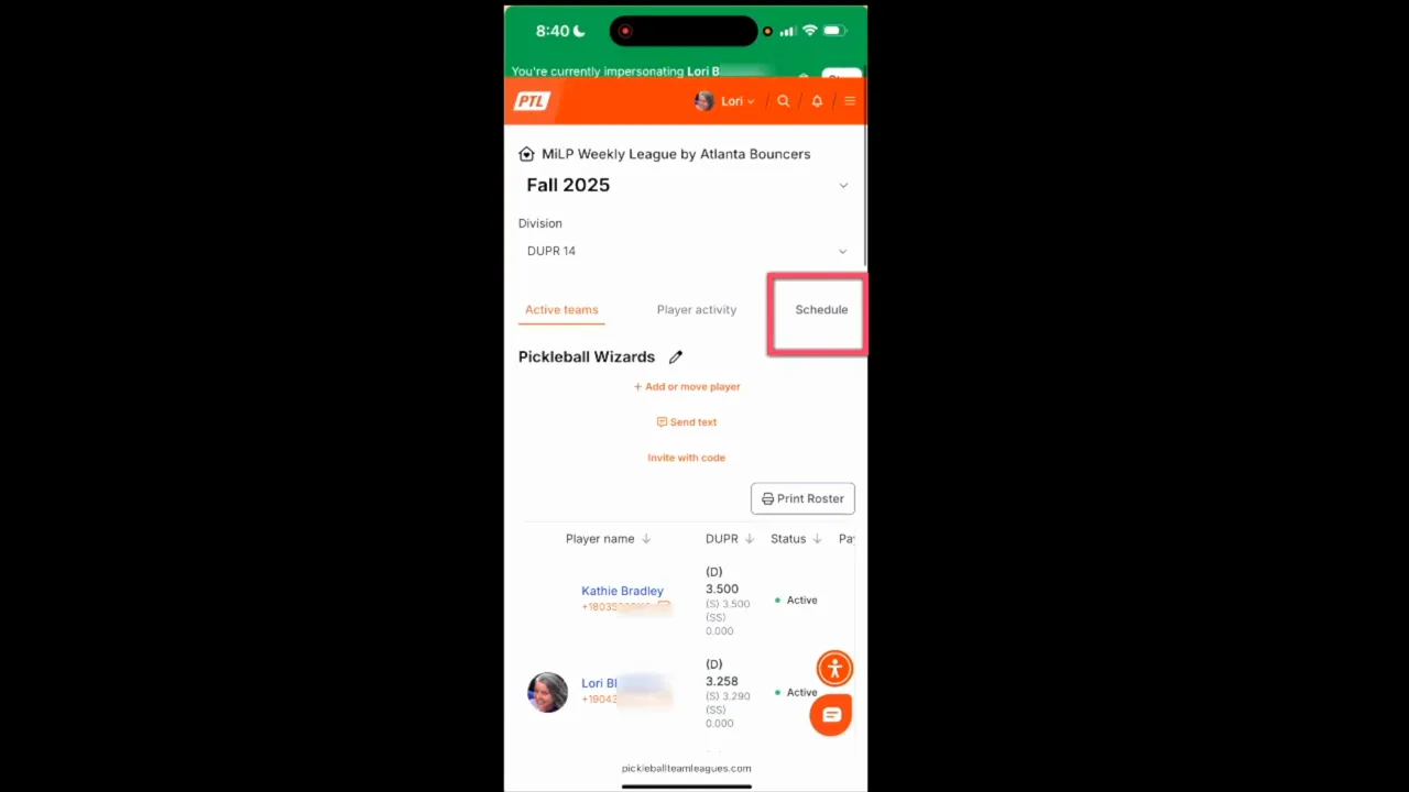 Schedule tab highlighted on mobile team page for viewing game days