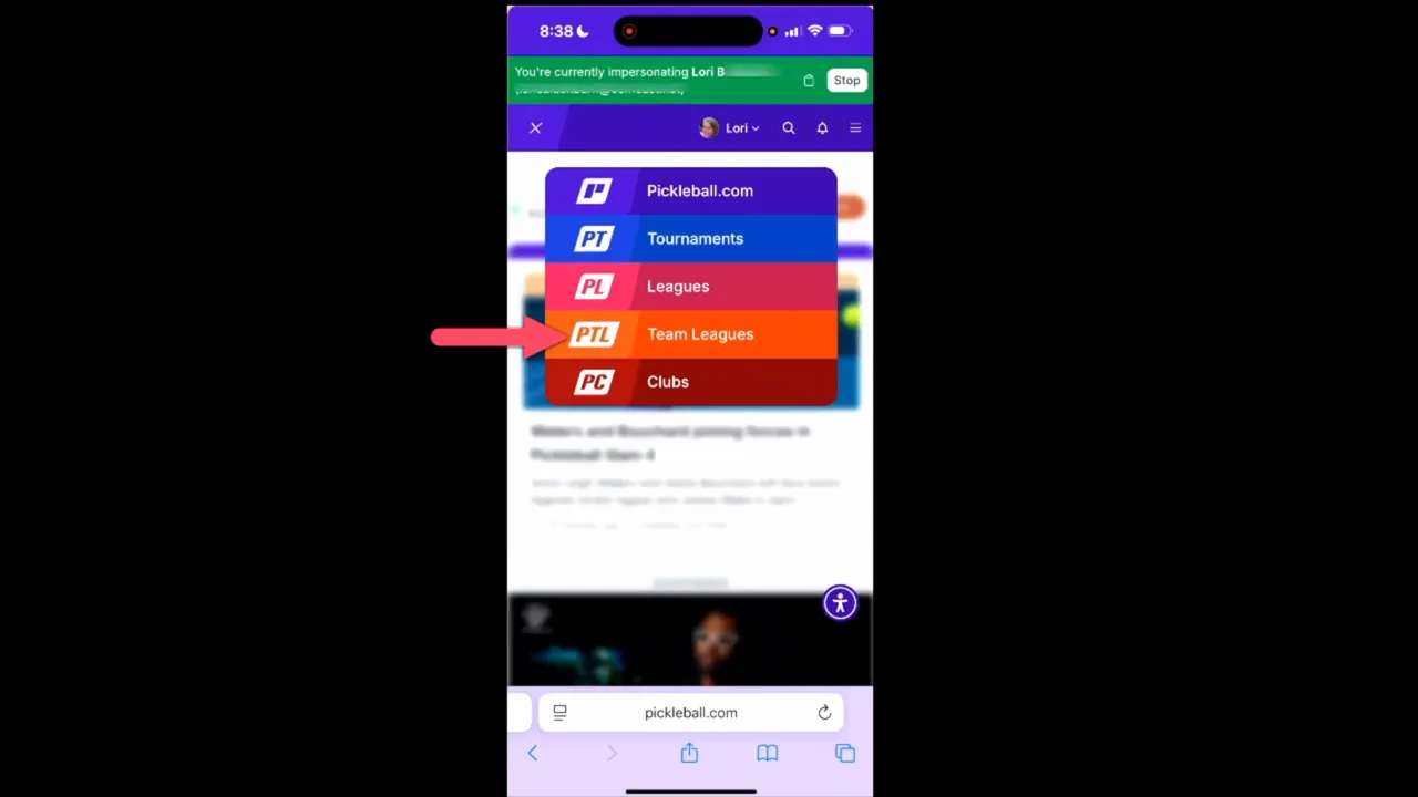 Mobile screen with main menu open and 'Team Leagues' option highlighted with an arrow