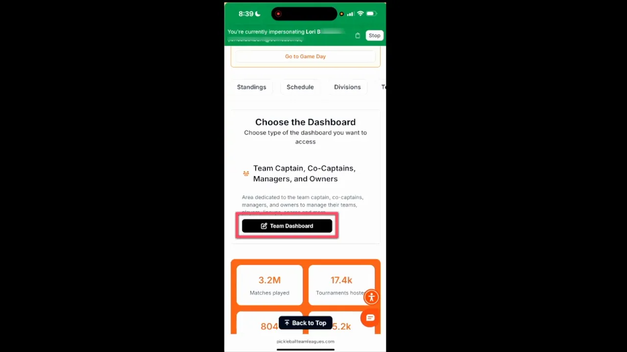 Mobile screen showing 'Choose the Dashboard' with a highlighted 'Team Dashboard' button.