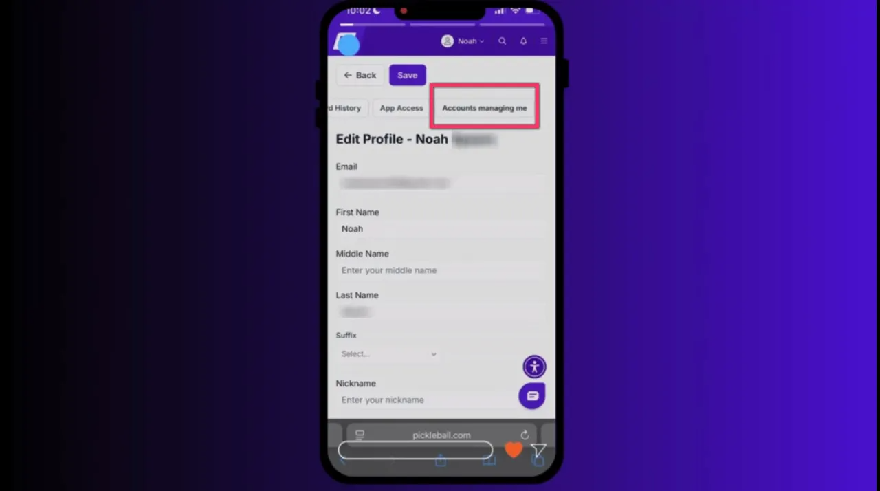 Mobile profile screen with the 'Accounts managing me' tab highlighted in the top horizontal menu.