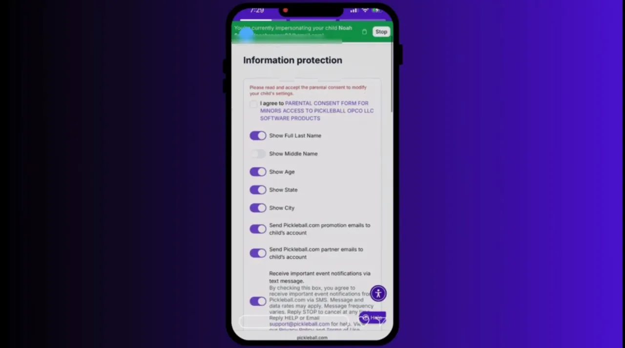 Mobile screen displaying the Information Protection page with multiple toggle switches for privacy and waiver options.