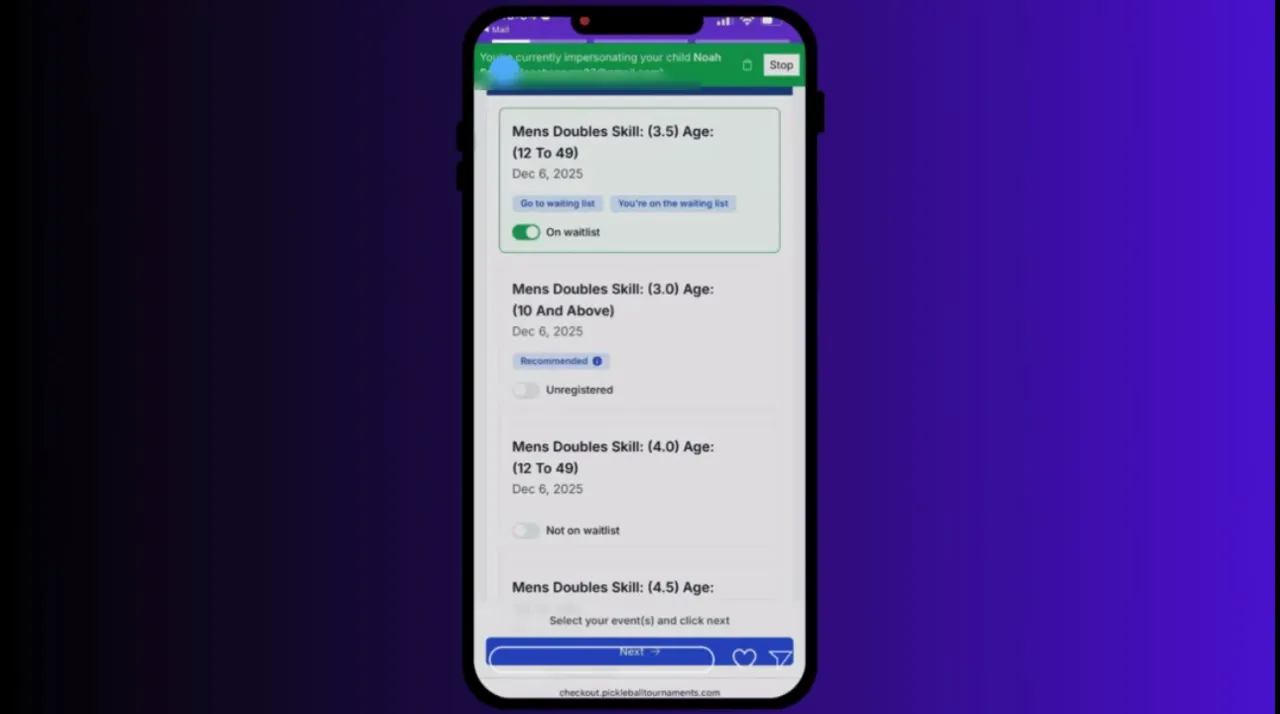 Mobile screen showing event registration list with a green banner reading 'You're currently impersonating your child' and a 'Stop' button