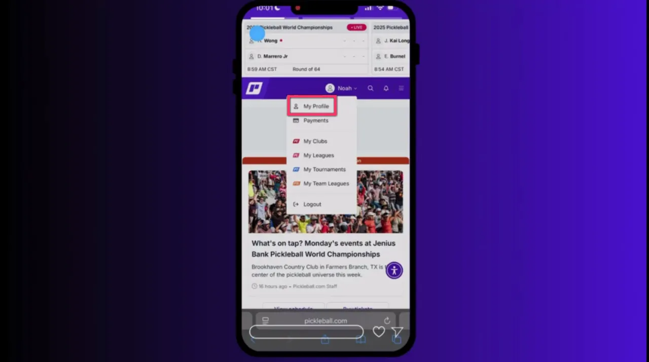 Account dropdown menu on mobile with 'My Profile' highlighted