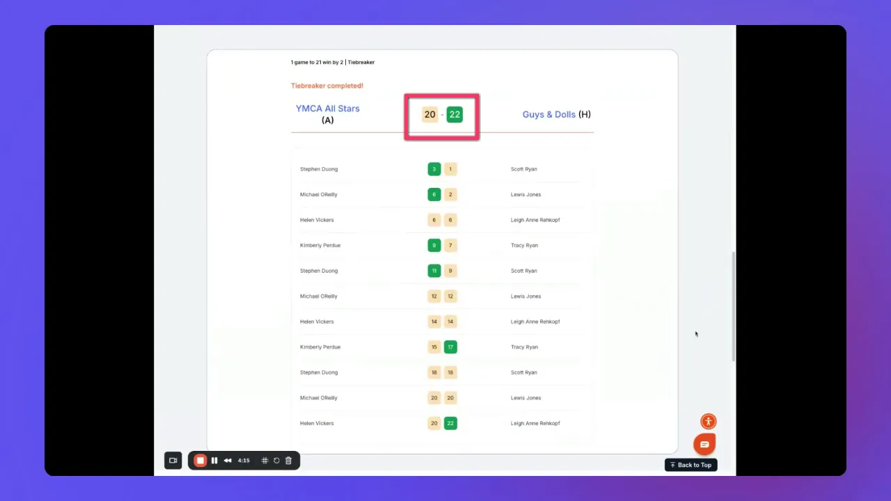 Highlighted tiebreaker final score 20-22 on scorecard