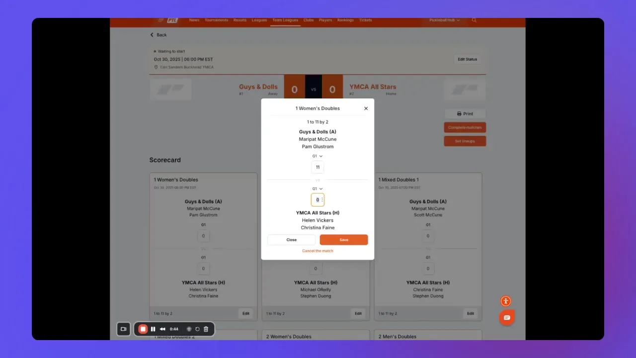 Scorecard pop-up modal with score input fields and a Save button centered on the screen.