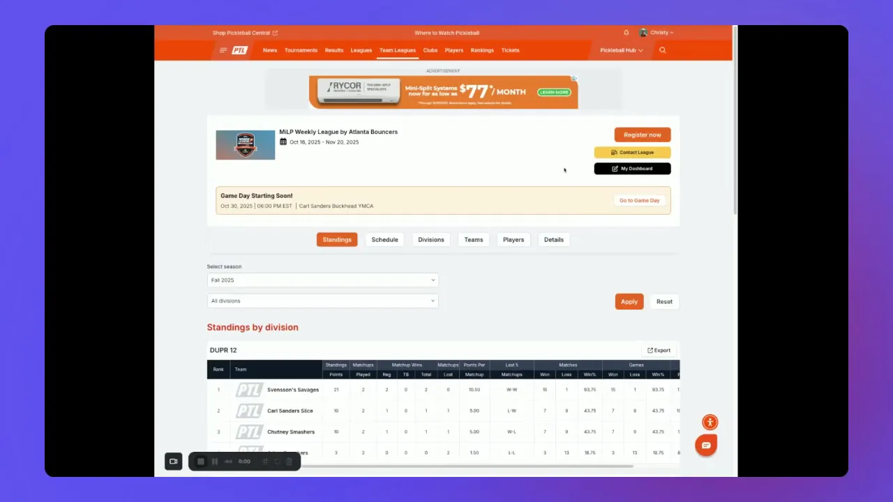 Team league dashboard showing 'Game Day Starting Soon' banner and standings by division.