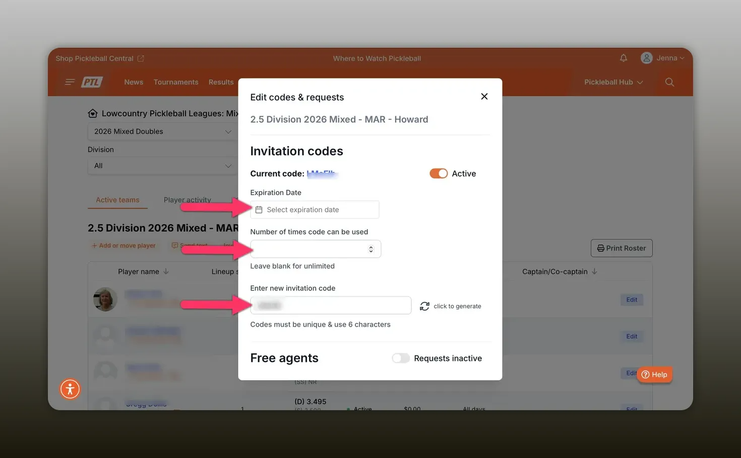 Edit codes & requests modal highlighting expiration date, usage limit and enter-new-code fields with free agents toggle