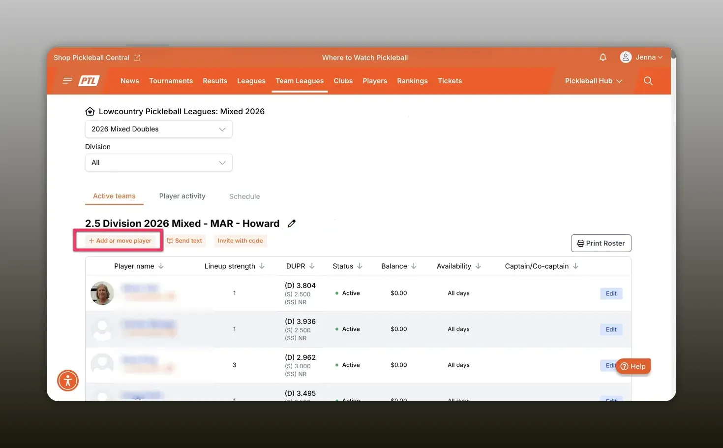 Team roster page with the 'Add or move player' button highlighted