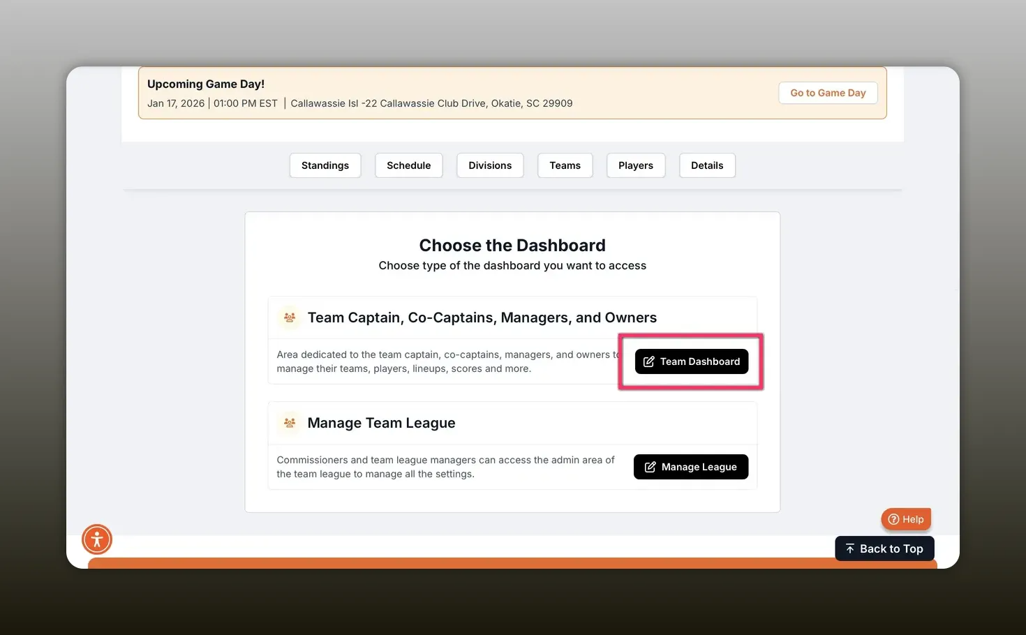 Choose the Dashboard page with the 'Team Dashboard' button highlighted to indicate selecting team dashboard