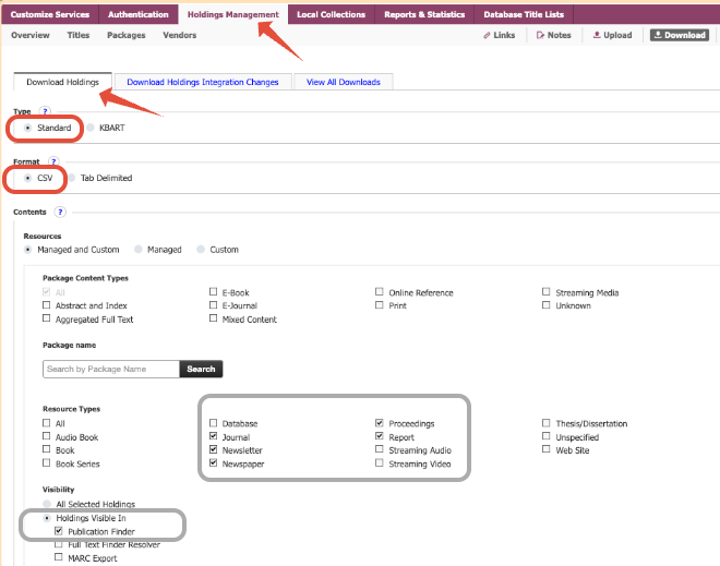 ESBCOadmin holdings management export settings for standard CSV