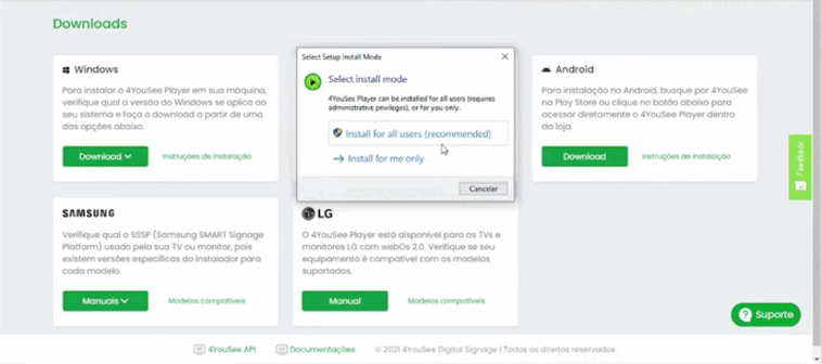 Tela de seleção do modo de instalação