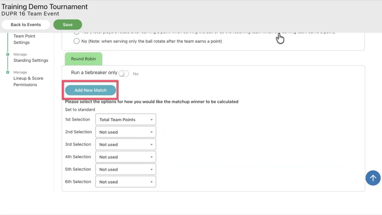 Manage Team Matches screen showing Add New Match button highlighted and matchup result selection (Total Team Points).