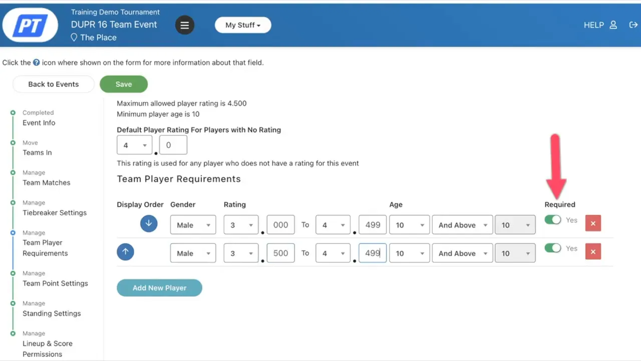 Team Player Requirements screen with the Required toggle highlighted by a red arrow to indicate forcing roster spots.