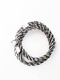 An unjacketed twisted pair wiring that is coiled circularly. The color is a mix of black and white.