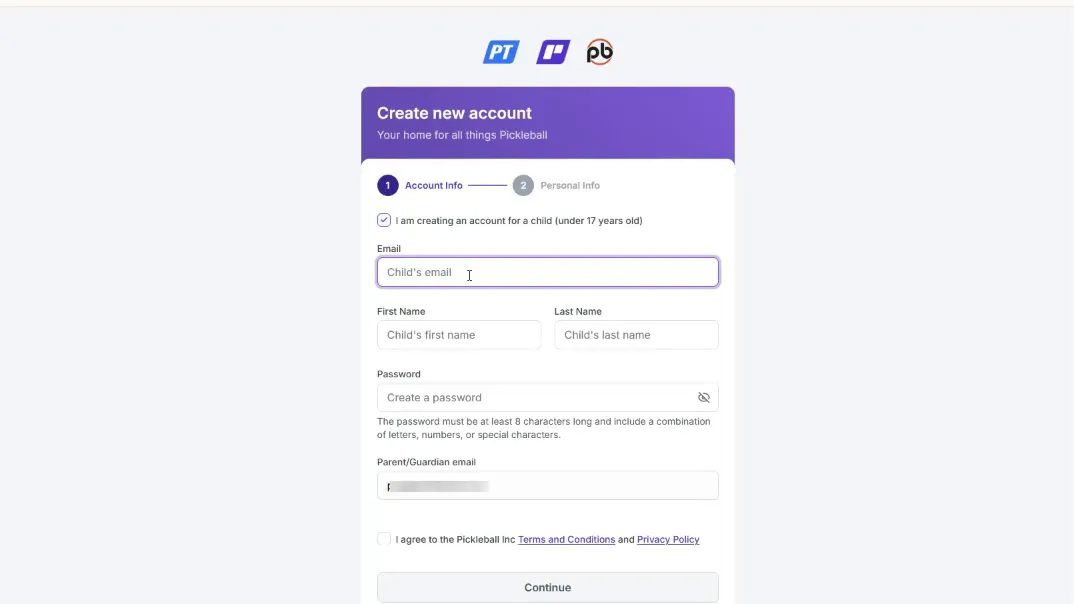 Pickleball.com sign up page