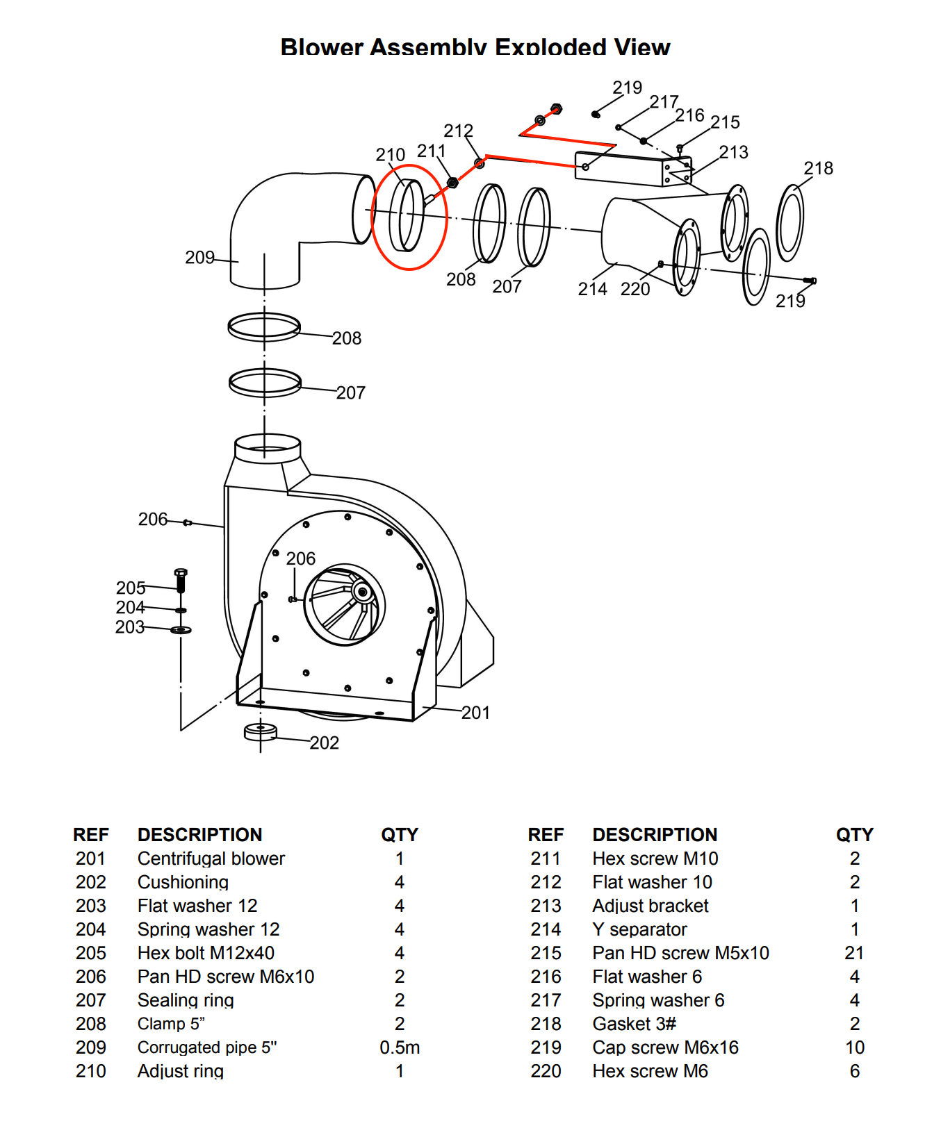 Exploded parts diagram showing Adjust Ring Part #210 location