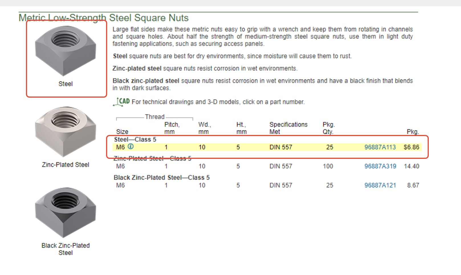 M6 square nuts McMaster-Carr reference screenshot