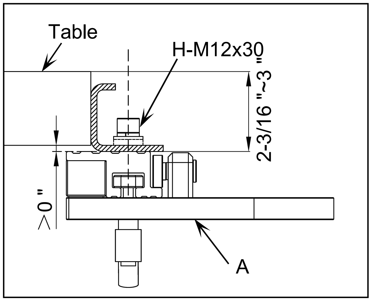 Fig. 7 — Shark S-10 L-type rail installation side view showing H-M12x30 bolt, table clearance, and column mounting bracket position