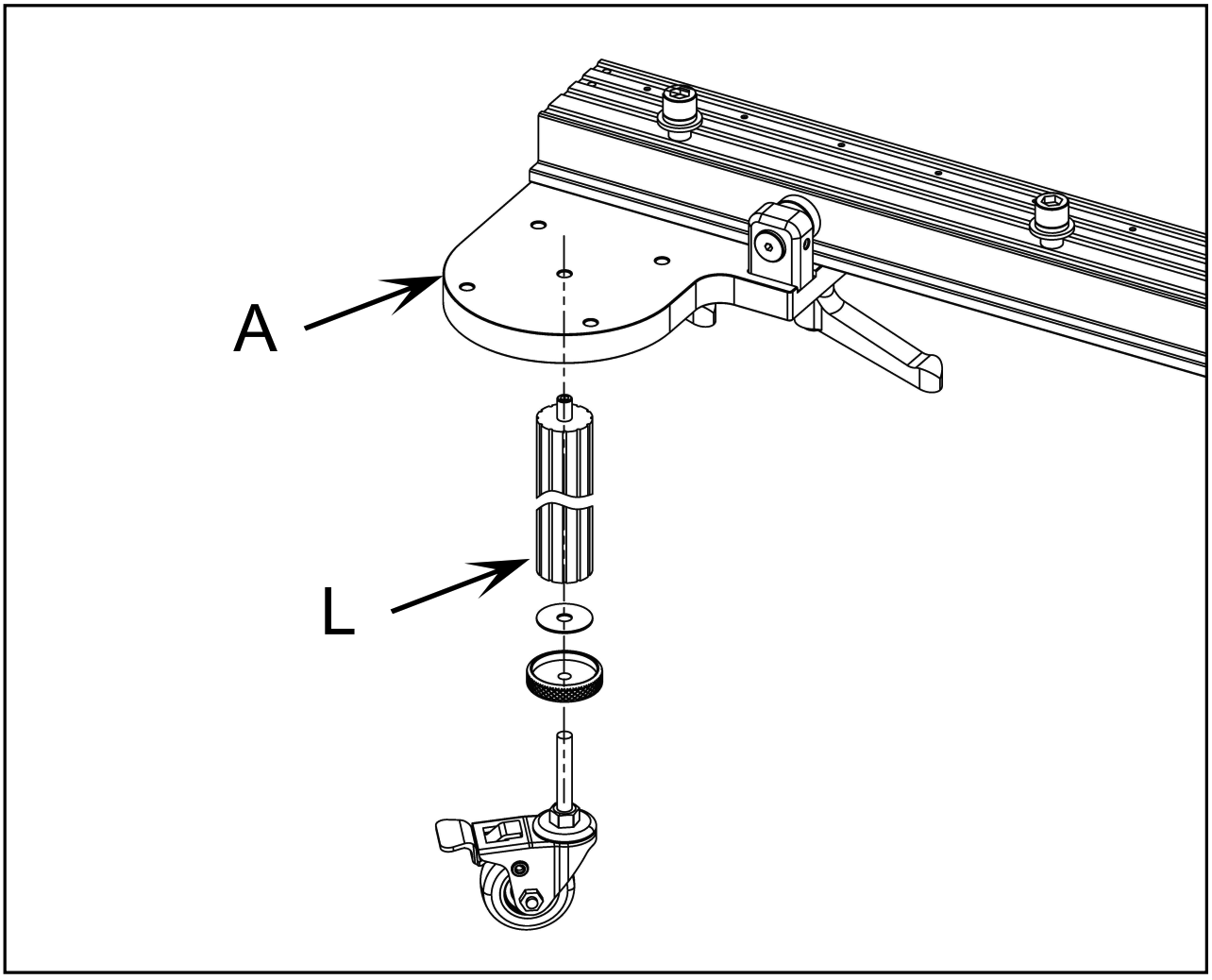 Fig. 5 — Shark S-10 auxiliary support leg assembly showing column mounting bracket A, support leg L, knurled locking block, and universal caster