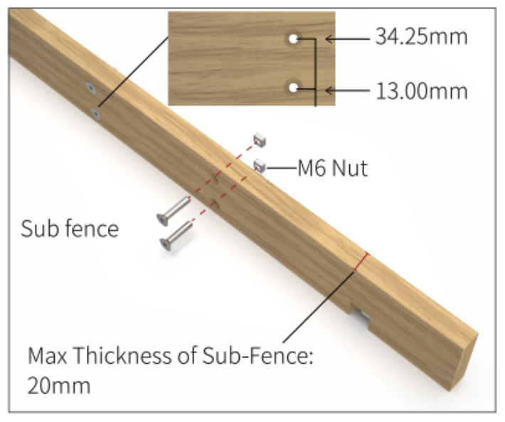 Sub fence dimensions diagram — 34.25mm and 13.00mm hole spacing, M6 nut location, max thickness 20mm
