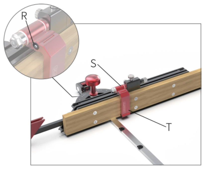 Flip stop height adjustment diagram — Screw (R), Block Holder (S), and Flip Stop (T) components labeled