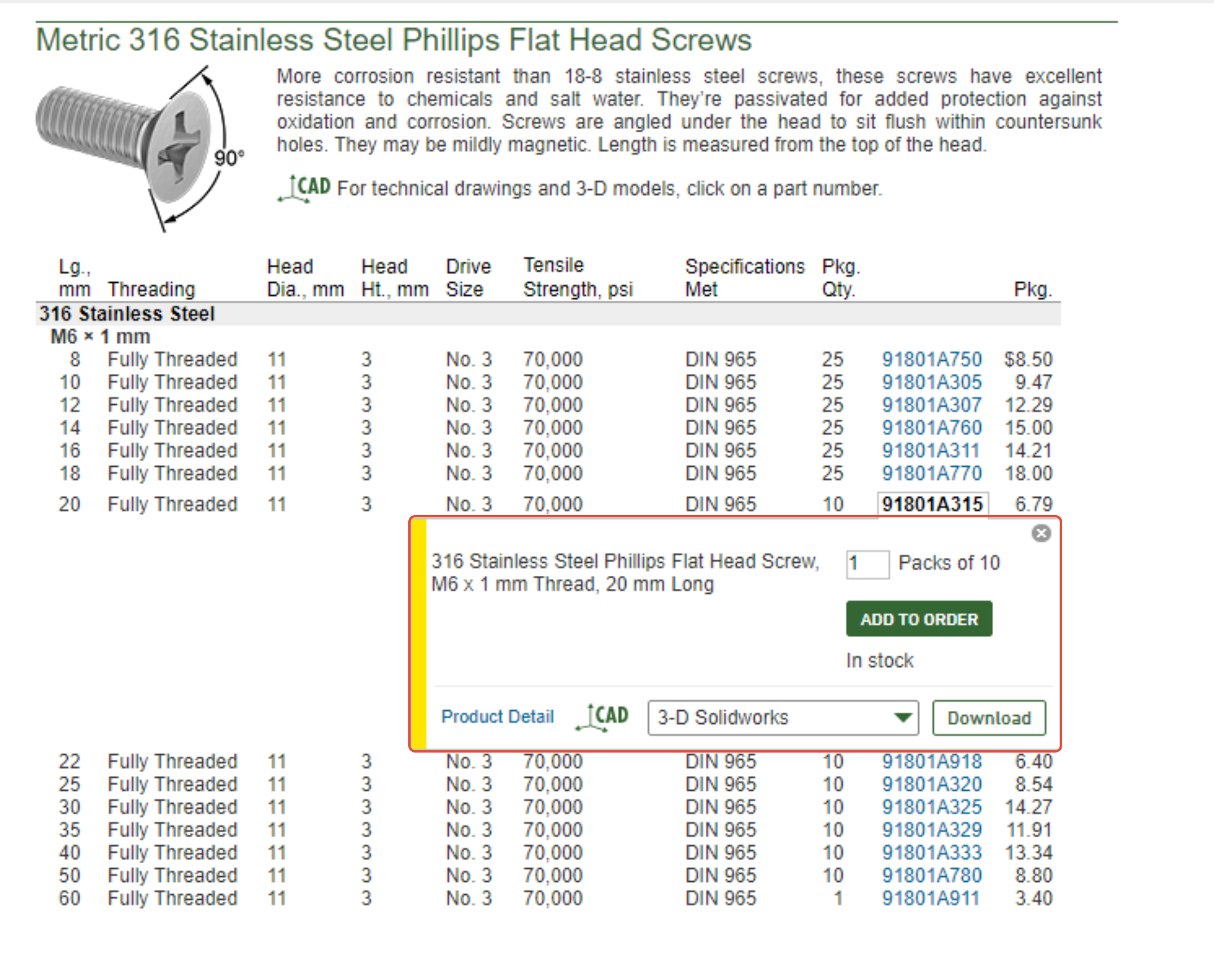 M6 screws McMaster-Carr reference screenshot