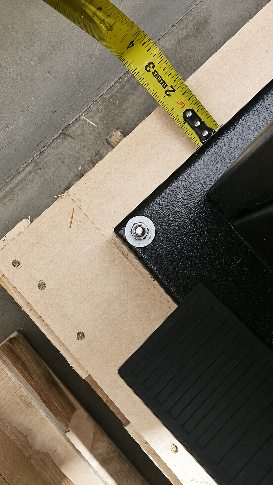 Front of machine bolt distance approximately 2 inches from outer edge on long side of pallet