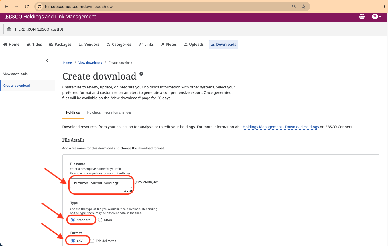 ESBCOadmin holdings management export settings for standard CSV