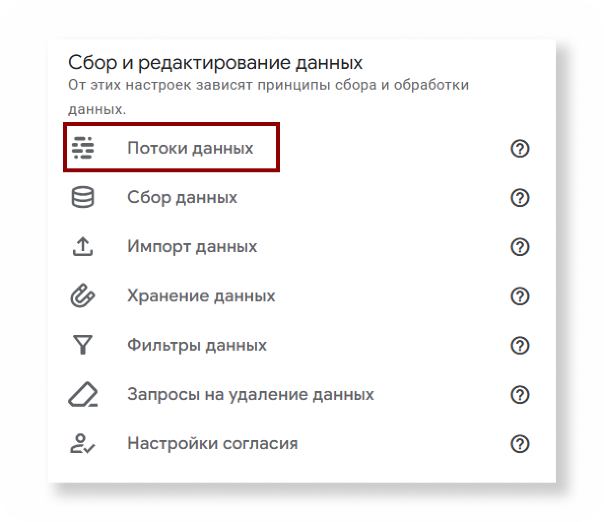 Пункт Потоки данных в GA4
