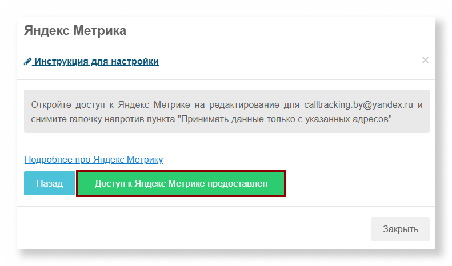 Кнопка подтверждения доступа к Яндекс&nbsp;Метрике