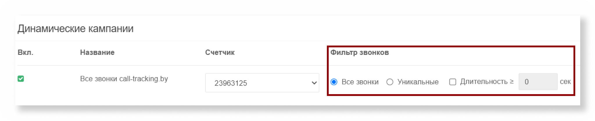 Настройки фильтра звонков для Яндекс&nbsp;Метрики