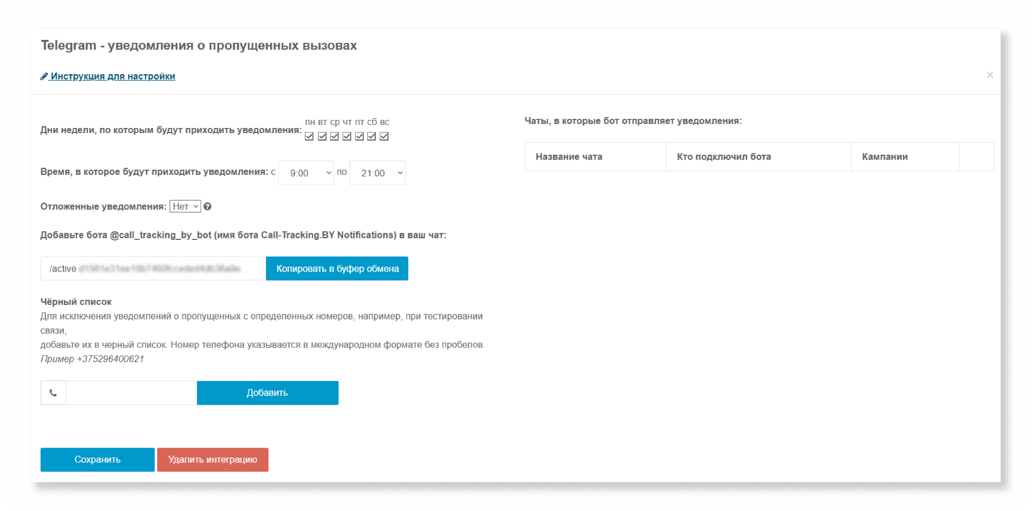 Панель настроек интеграции Telegram