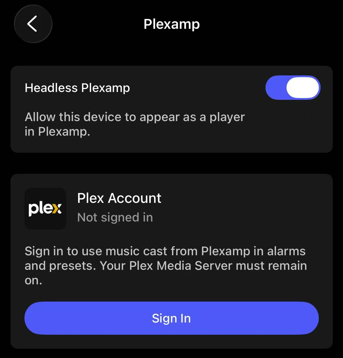WiiM Home app More Streaming Services screen showing Headless Plexamp option