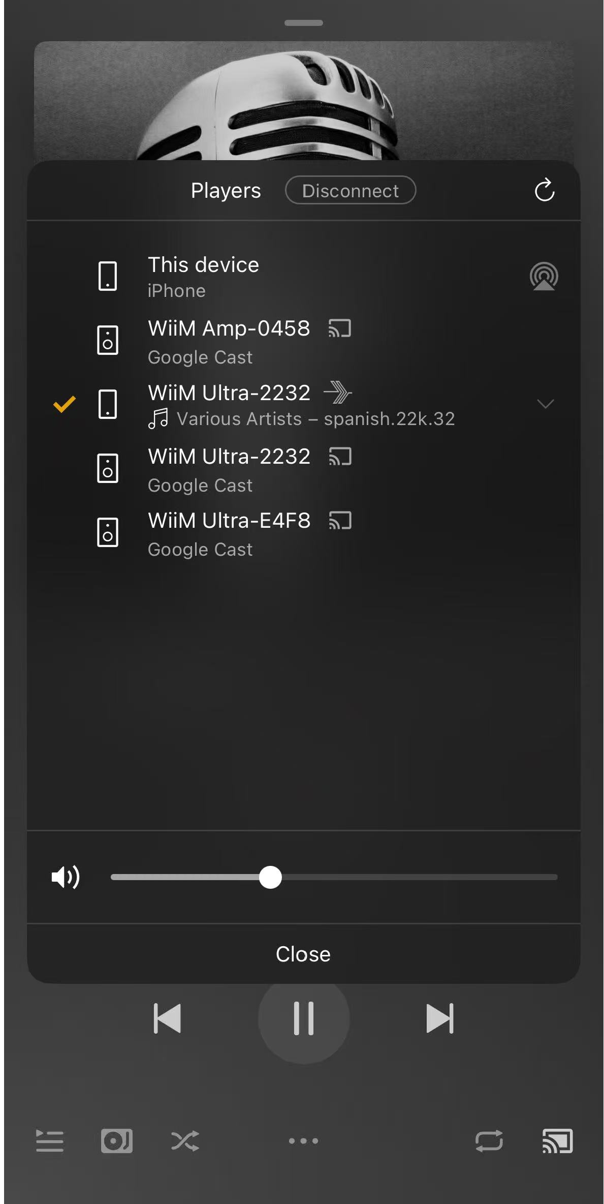 Plexamp app showing WiiM device selected as the player