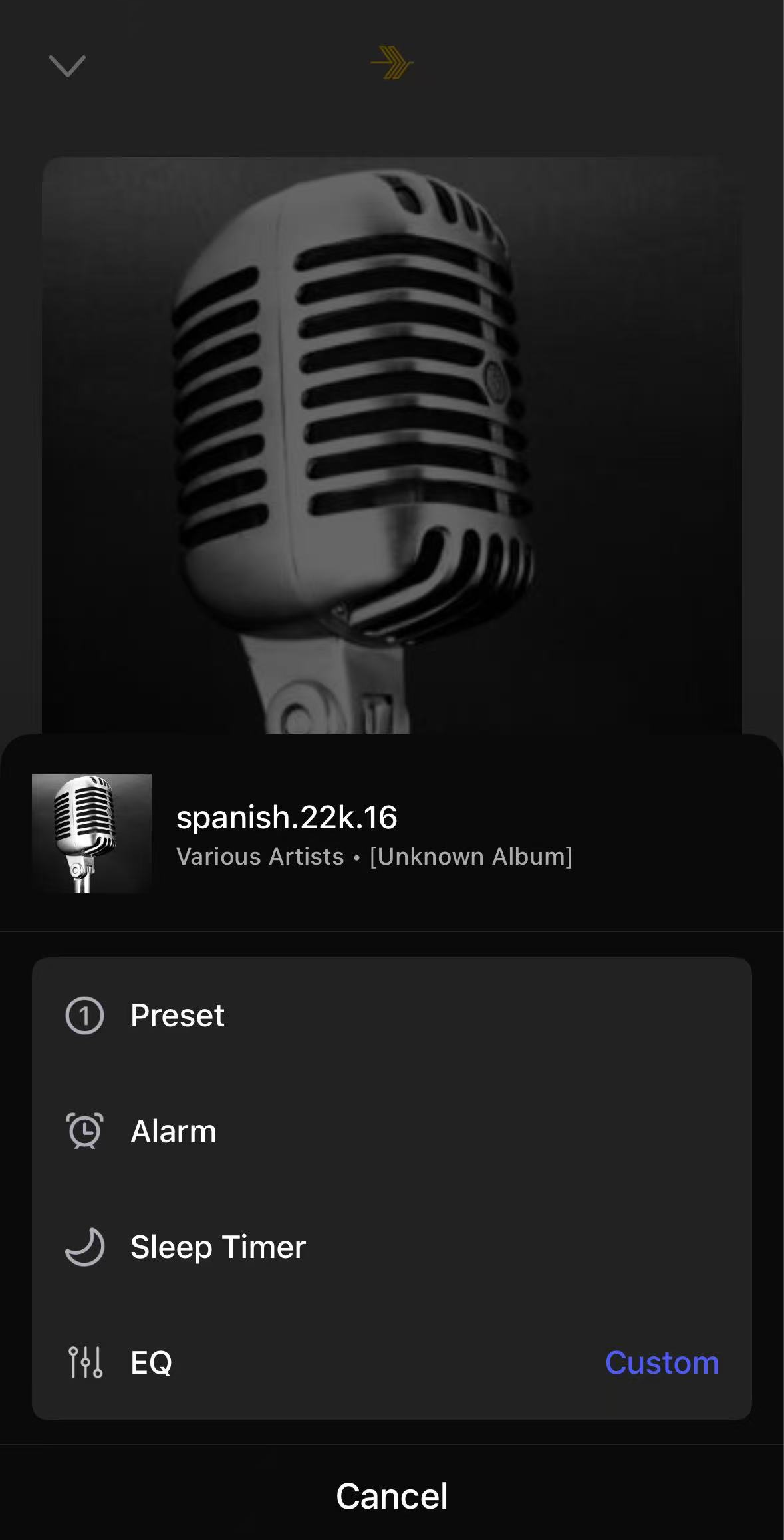 WiiM Home app Now Playing screen showing options to add to presets or use as alarm
