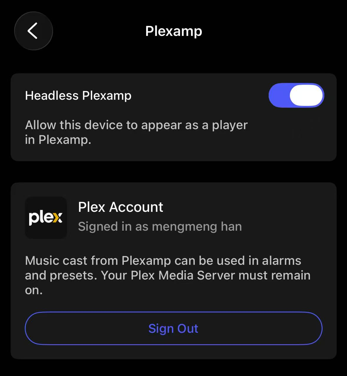WiiM Home app Headless Plexamp settings screen showing Plex account sign in option