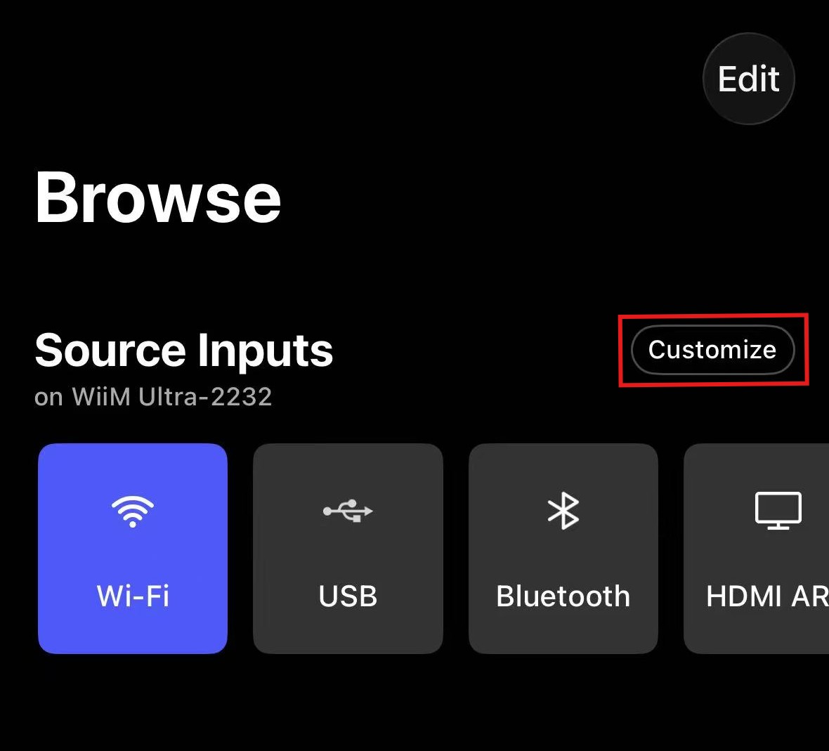 Source Inputs management page and Customize button in the WiiM Home app