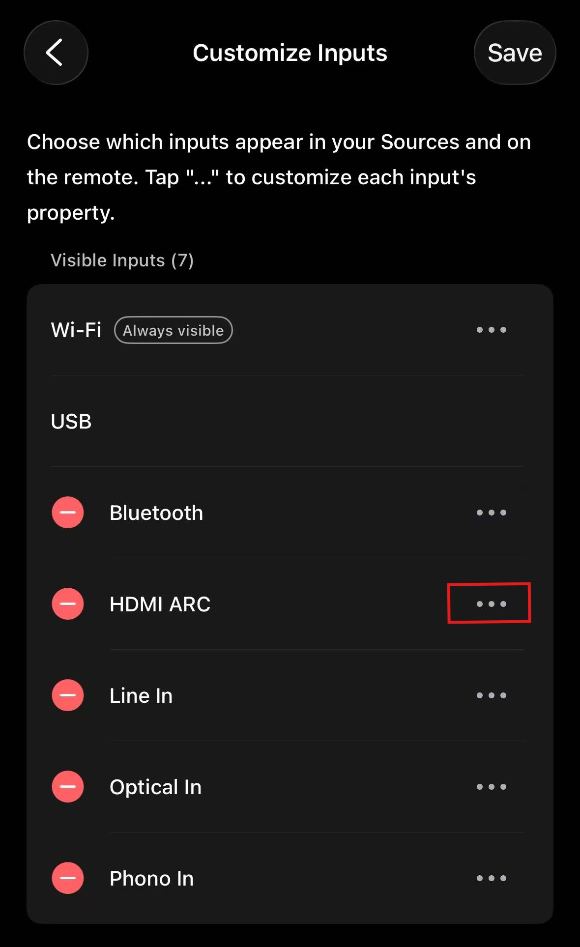 Select three dots next to the desired input source, such as HDMI ARC