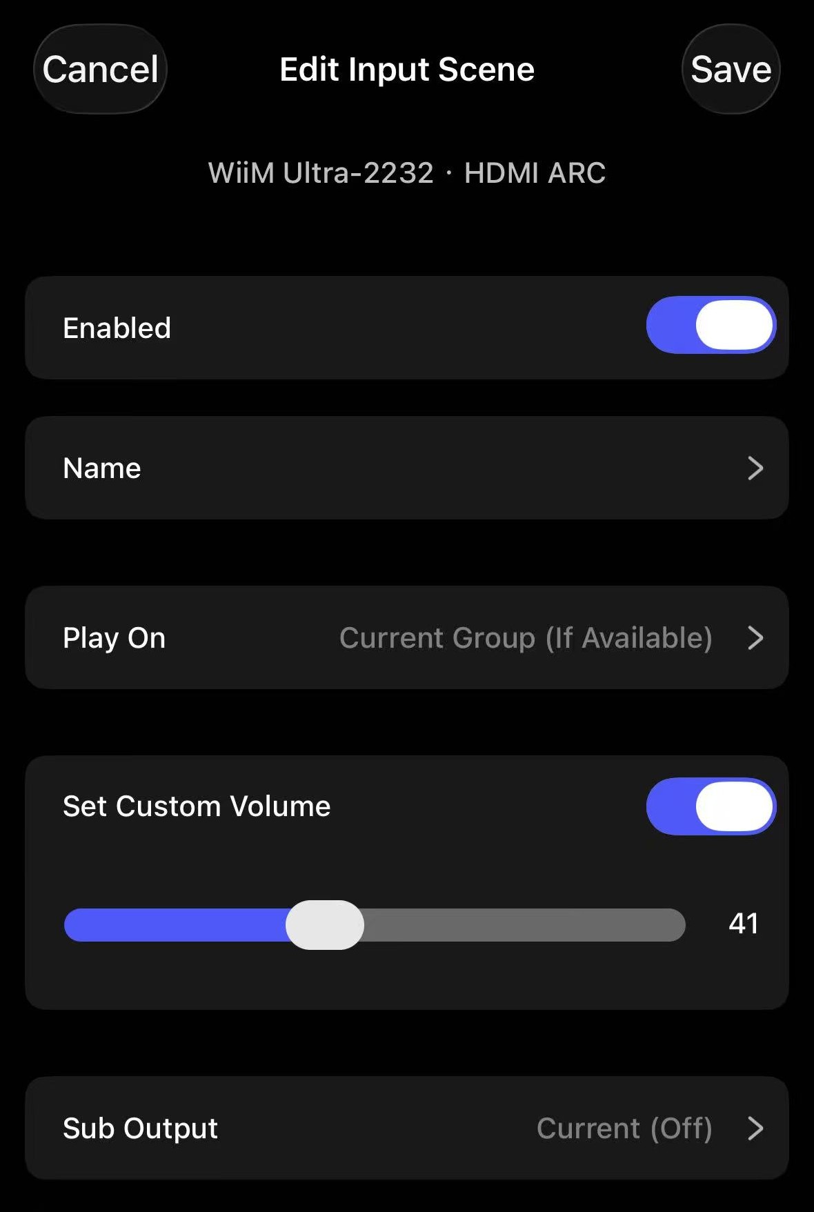 Configure Input Scene options including play on, set custom volume, and subwoofer output