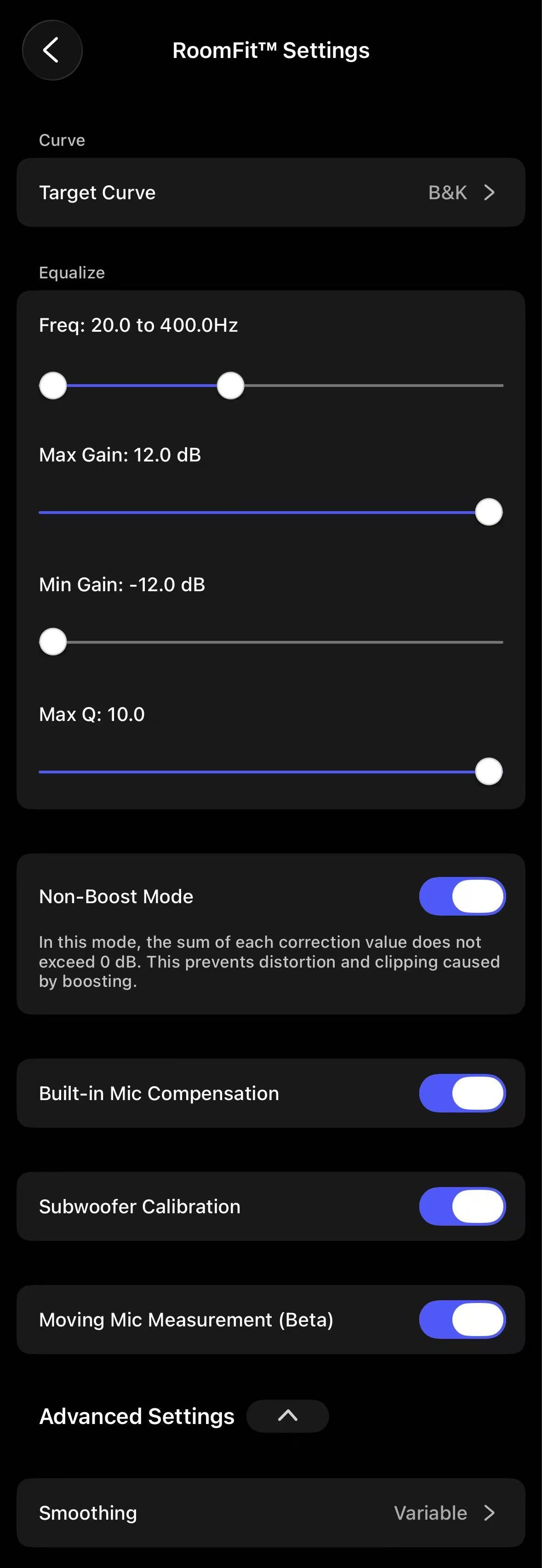 Recommended RoomFit Settings screenshot
