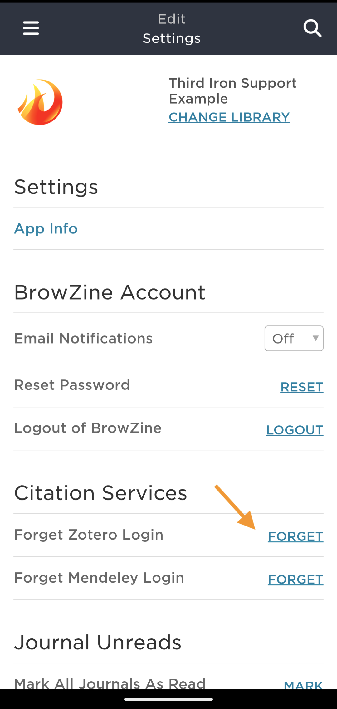 Image: https://support.thirdiron.com/assets/218061880/bibliomgmt3_android.png Android device with Settings menu open so citation service "forget" options are visible