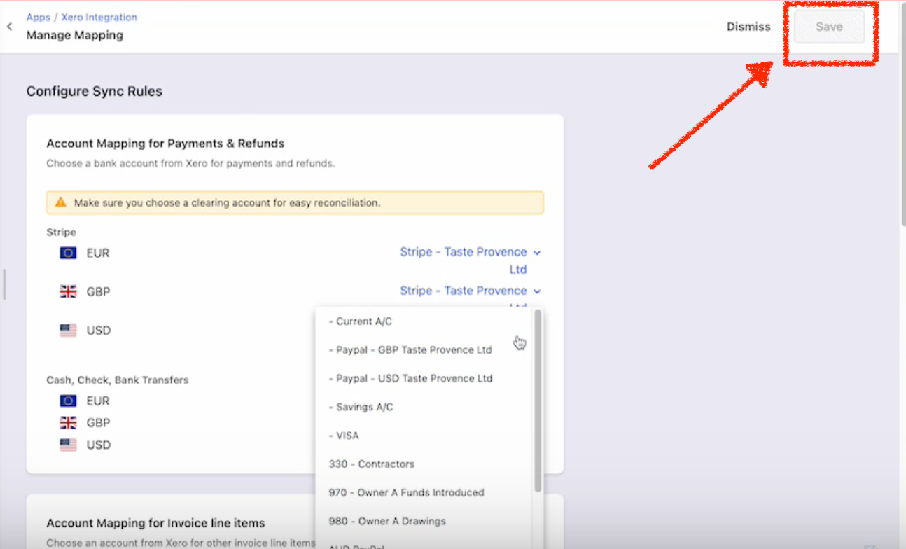 Save option greyed out while trying to change account mapping on Xero