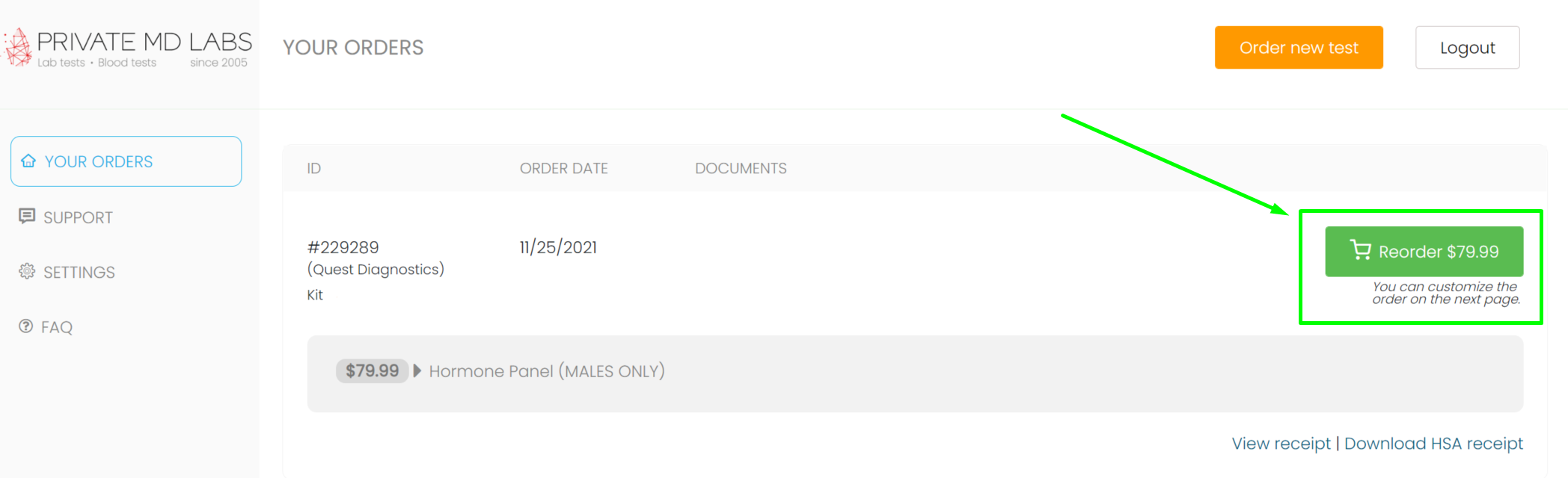 How can I reorder the same test? Private MD Labs