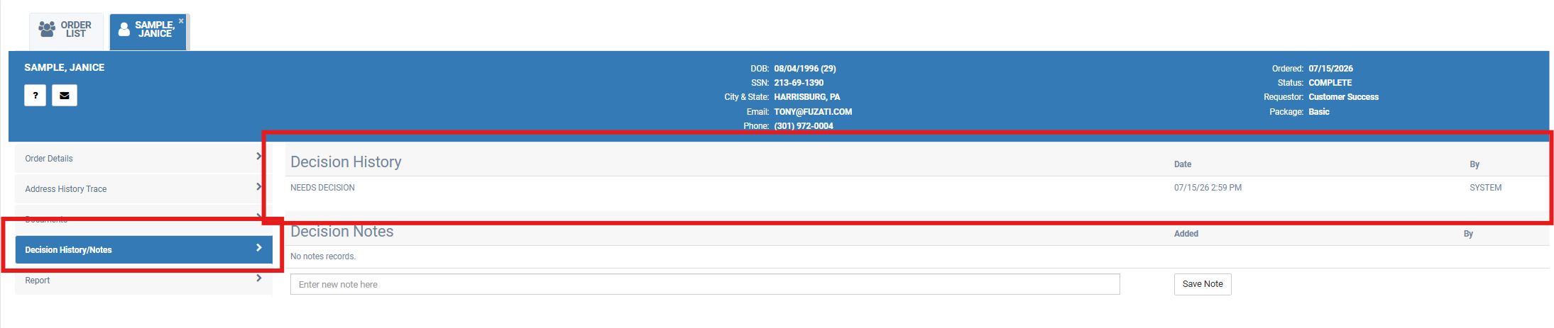 Decision History/Notes tab in Aegis showing a SYSTEM-generated cancellation entry