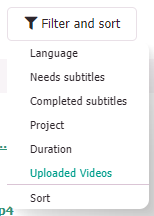 Filter and sort button on the Videos page with the Uploaded Videos option highlighted.